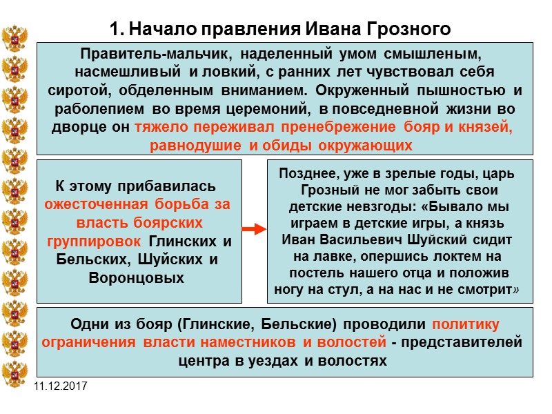 11.12.2017 1. Начало правления Ивана Грозного  Правитель-мальчик, наделенный умом смышленым,  насмешливый и